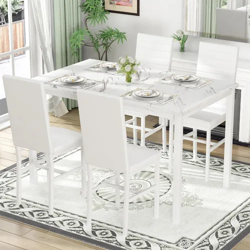 Miniatura 2 de Juego de mesa de comedor Hooseng para 4, juego de mesa de cena de 5 piezas con mármol sintético y 4 sillas tapizadas de cuero PU, juego de mesa