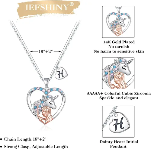 Miniatura 4 de IEFSHINY Unicorn Gifts for Girls, Unicorn Heart Pendant Necklace Initial Necklace Birthday Gifts for Teen Girls Daughter Granddaughter Niece Women
