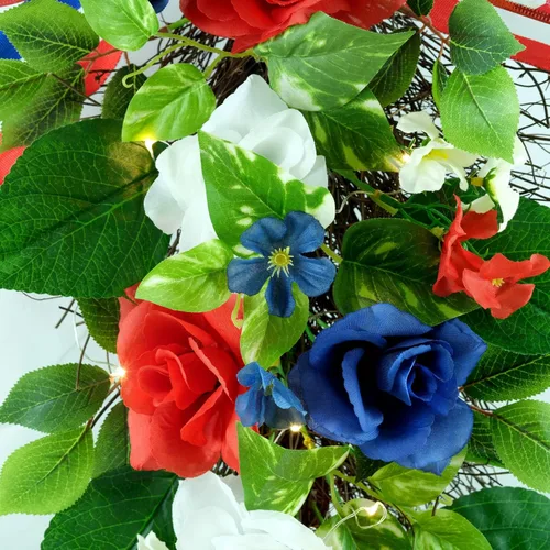 Miniatura 8 de YULETIME Botín decorativo de lágrima de 24 pulgadas, funciona con pilas, guirnalda temática patriótica con luces de hadas, rosas rojas, blancas