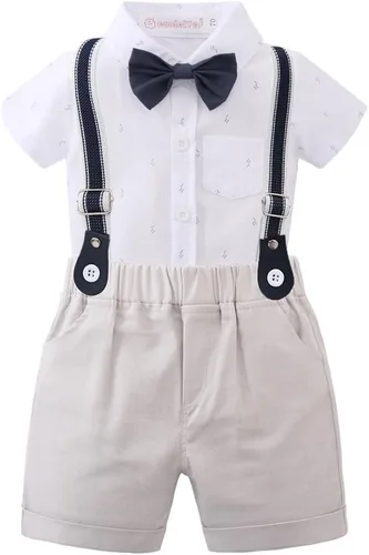 Conjunto de traje de caballero de manga corta para bebé niño con corbatín + pantalones cortos con tirantes y pantalones cortos para bautizo festivo