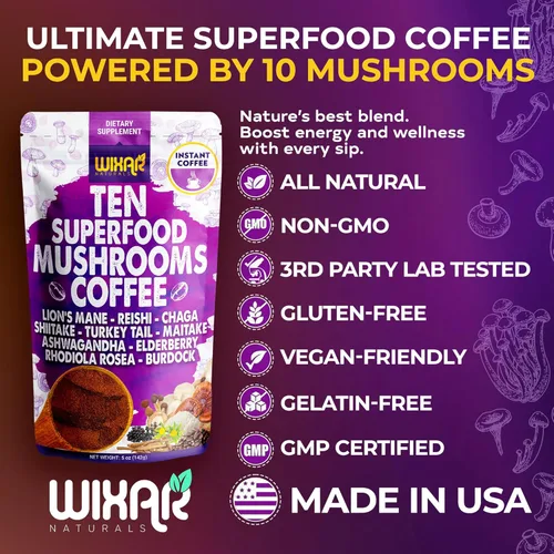 Miniatura 4 de WIXAR Superfood - Café de hongos, café instantáneo en polvo, diez extractos de superalimentos con melena de león, cola de pavo, Reishi, Chaga