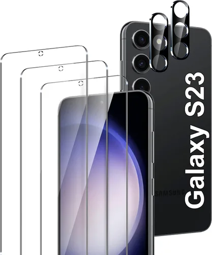 LYWHL Paquete de 3 protectores de pantalla de vidrio templado para Samsung Galaxy S23 con 2 protectores de lente de cámara, compatible con
