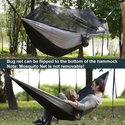 Miniatura 4 de Hamaca de camping con red, hamaca doble portátil ligera con correas para árbol y mosquetones sólidos en forma de D, hamaca de nailon de paracaídas
