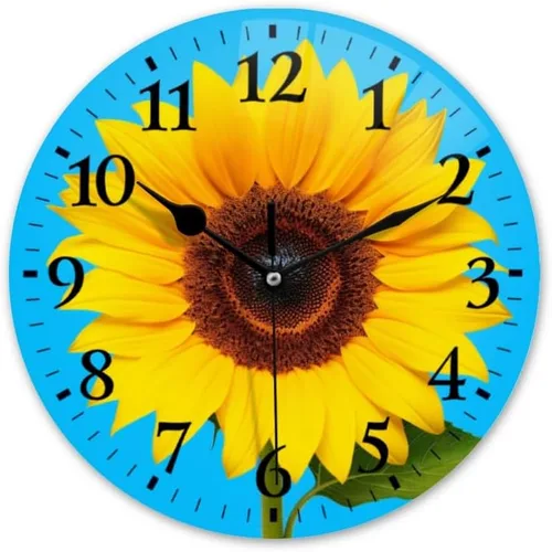 Reloj de pared, funciona con pilas, redondo, silencioso, sin tictac, girasol contra fondo azul, reloj decorativo para cocina, baño, sala de estar,