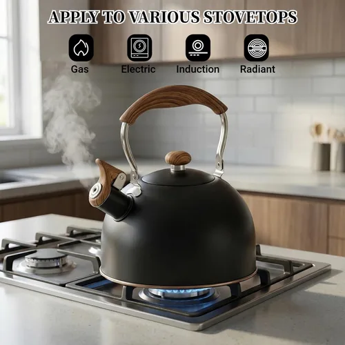 Miniatura 7 de Tetera para estufa, hervidor de té silbante de 2.5 cuartos de galón, estufa de acero inoxidable de grado alimenticio con mango plegable de madera