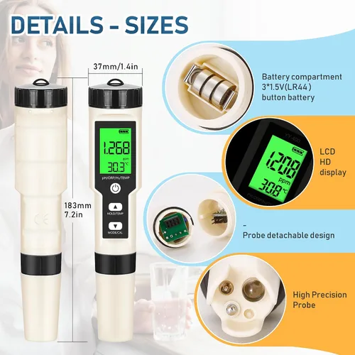 Miniatura 7 de Pruebador de Agua de Hidrógeno 4 en 1 pH, H2, ORP y Temp, Medidor de pH Medidor de ORP Probador de Hidrógeno para Agua con ATC y Retroiluminación