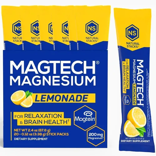Miniatura 7 de Natural Stacks MagTech - Polvo de bebida de magnesio, 20 paquetes, 100% quelado, glicinato de magteína L-treonato y taurato, mezcla de limonada
