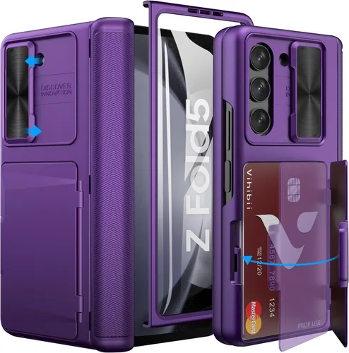 Miniatura 11 de Vihibii Funda para Samsung Galaxy Z Fold 5 con soporte para S Pen, tarjetero y cubierta de lente deslizante, protector de pantalla y protección