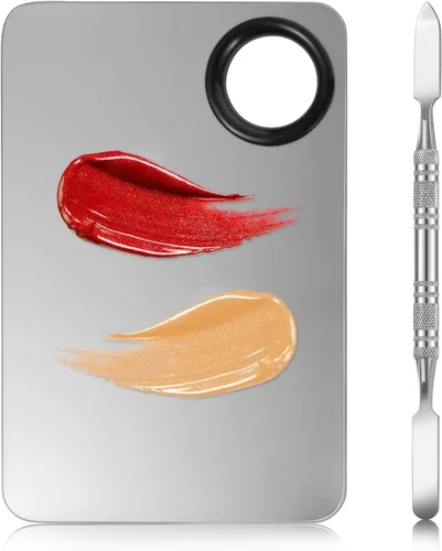 Paleta de mezcla de maquillaje 2 en 1, paleta de base de acero inoxidable con espátula para mezclar base, sombra de ojos, pestañas, arte de uñas