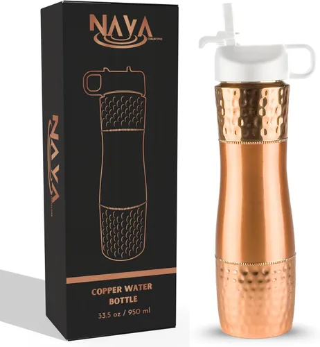 Miniatura 10 de Botella de agua de cobre puro para agua potable con pajita y tapa deportiva 33.5oz / 950ml Botella de cobre ayurvédica para beneficios de salud