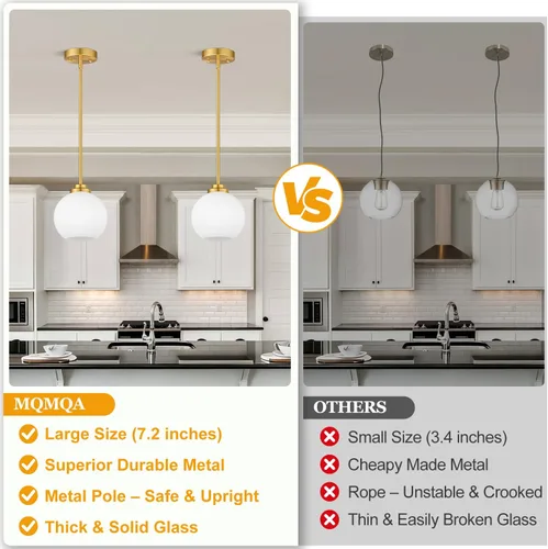 Miniatura 2 de Paquete de 2 luces colgantes de vidrio ajustable de 22 a 50 pulgadas de altura para isla de cocina, luces colgantes de globo dorado cepillado