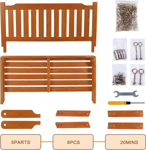 Miniatura 7 de Columpio de madera para porche Anraja de 2 plazas, columpio con banco y cadenas colgantes, de alta resistencia de 800 libras, para patio exterior