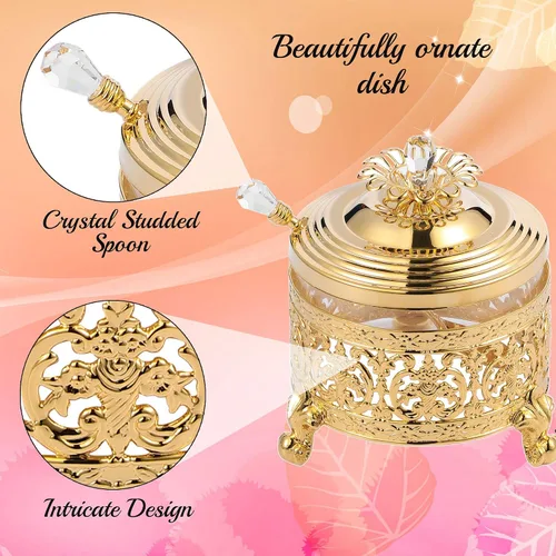 Miniatura 6 de Matashi Azucarero chapado en oro de 24 quilates, cuenco de vidrio con miel, diseño floral intrincado con cuchara tachonada de cristal, cumpleaños