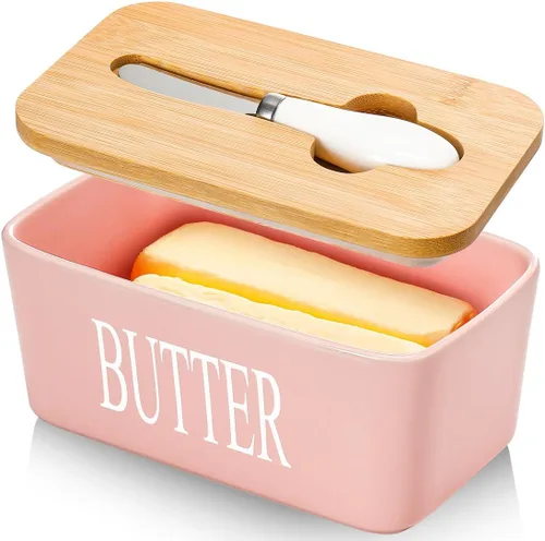 Miniatura 18 de Mantequillera con tapa: plato grande para mantequilla para encimera, recipiente de cerámica para mantequilla con cuchillo y alta calidad - Caja