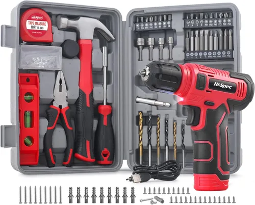 Hi-Spec Juego de taladro inalámbrico de 8 V y kit de herramientas de arranque, destornillador eléctrico USB recargable, juego de herramientas Rojo