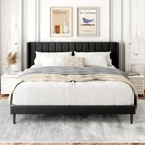Miniatura 16 de Gruwans Estructuras de Cama Individual con Cabecera Wingback, Camas de Plataforma Tapizadas, No Necesita Somier, Soporte Resistente de Listones