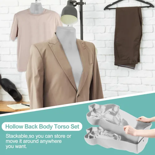 Miniatura 6 de Sintuff Paquete de 2 maniquíes masculinos y femeninos con soporte de metal, ganchos para colgar, forma de vestido, camisa con espalda hueca