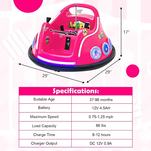 Miniatura 8 de Costzon Coche de parachoques para niños, parachoques eléctrico de 12 V con control remoto, giro de 360 grados, luces intermitentes, música Rosa