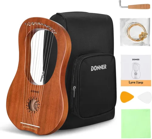 Miniatura 8 de Arpa de Lira Donner, 7 cuerdas de metal, cuerpo de caoba y sillín de hueso DLH-001 Arpa de Lira para niños principiantes con llave de afinación
