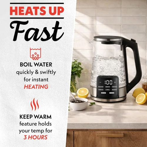 Miniatura 4 de Gourmia Hervidor eléctrico programable de vidrio – 1.7L Control de temperatura para té y café con pantalla táctil digital, 6 ajustes