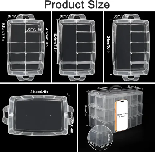 Miniatura 2 de Guyuyii Organizador de cuentas apilable de 3 niveles con divisores ajustables y asa, estuche de almacenamiento portátil para manualidades, costura