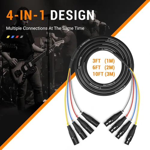 Miniatura 2 de Phenyx Pro PCBL-4IN1-3 - Cable de serpiente XLR de 4 canales, cable de conexión XLR macho a hembra con cobre OFC, cable divisor de 3 pies, cable