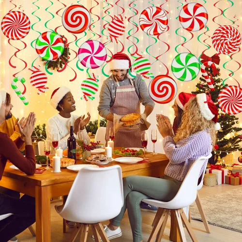 Miniatura 5 de Bencailor 72 piezas de remolinos de caramelo de Navidad, decoraciones colgantes de menta de Navidad, remolinos colgantes para decoración de fiestas