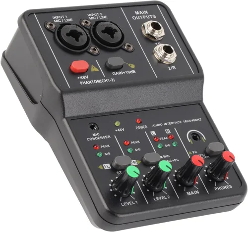 Miniatura 5 de Mezclador de audio, 2 canales, mezclador estéreo de audio USB 48 V, consola de mezcla de sonido compacta para grabación de música, karaoke en casa