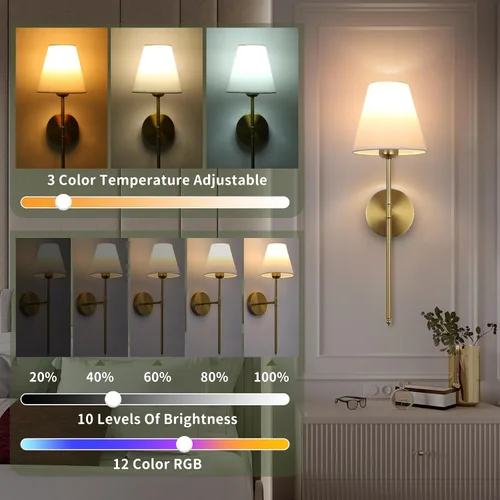 Miniatura 3 de Juego de 2 apliques de pared con pilas, 15 colores inalámbricos con control remoto regulable que dura de 18 a 50 horas, lámpara de pared recargable