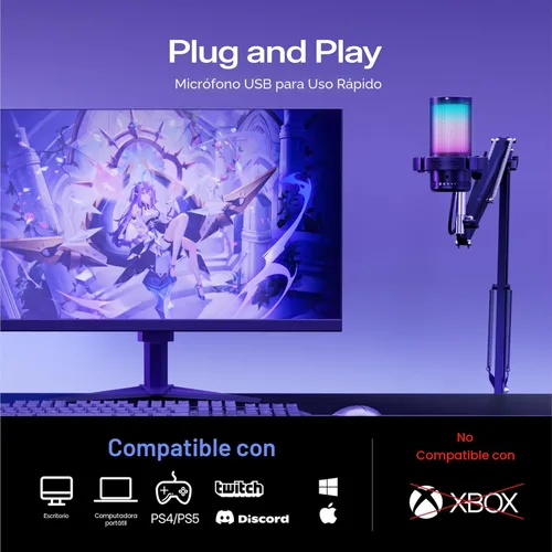 Miniatura 7 de MAONO Micrófono USB para juegos, Micrófono condensador con cancelación de ruido con silencio, ganancia, monitoreo, micrófono de brazo de boom