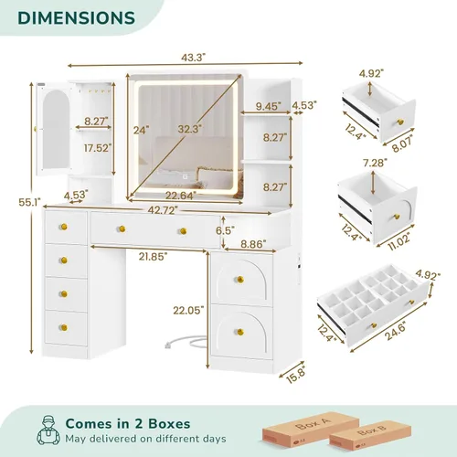 Miniatura 11 de Hasuit - Escritorio de tocador blanco con espejo y luces LED, escritorio grande de tocador de maquillaje con 7 cajones, estantes de almacenamiento
