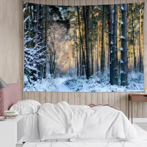 LB Tapiz de Bosque de Nieve de Invierno, Pino Negro y Verde con Copo de Nieve Blanco Tapiz de Pared para Dormitorio, Arte de Pared de Paisaje