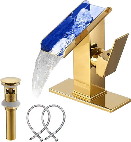 Miniatura 12 de Grifo de Recipiente Negro para Baño Cascada Boquilla Abierta LED Cambio de Color por Temperatura Grifo de Lavabo para Fregadero de Tazón Mango