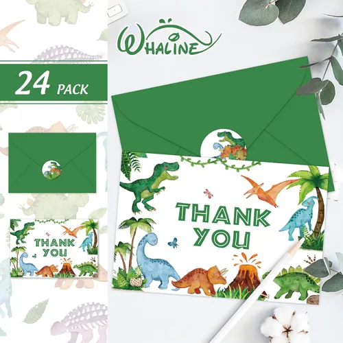 Miniatura 3 de Whaline Paquete de 24 tarjetas de agradecimiento de dinosaurio, tarjetas de felicitación jurásicas verdes con sobres, tarjetas de notas en blanco
