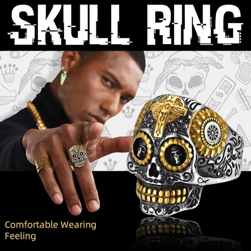 Miniatura 6 de Anillos de calavera de azúcar para hombres y mujeres, acero inoxidable de dos tonos, anillo de motociclista para hombre, joyería de Halloween