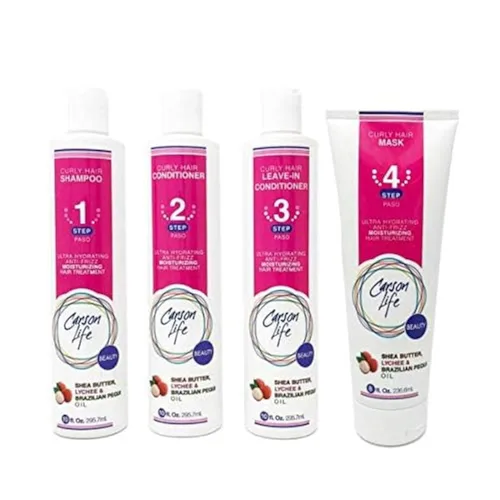 CARSON LIFE Kit de sistema de cuidado del cabello de 4 etapas para cabello rizado (champú, acondicionador, acondicionador sin enjuague y máscara