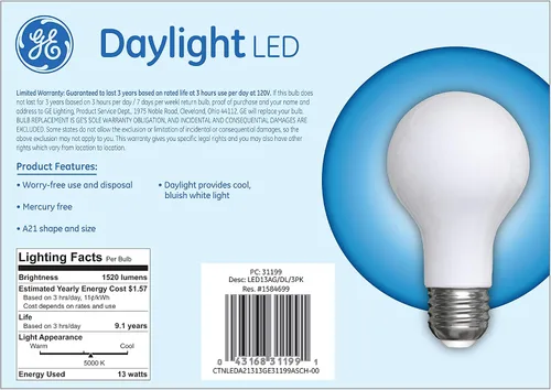 Miniatura 3 de GE Lighting 31199 - Luz LED de uso general esmerilado A21, luz diurna de 13 vatios (reemplazo de 100 vatios), base media de 1520 lúmenes, paquete