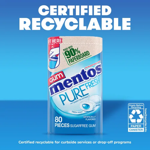 Miniatura 6 de Mentos Pure Fresh Goma de mascar sin azúcar, con xilitol, menta fresca (Fresh Mint), botella de 80 unidades, botella reciclable de 90% cartón, 80