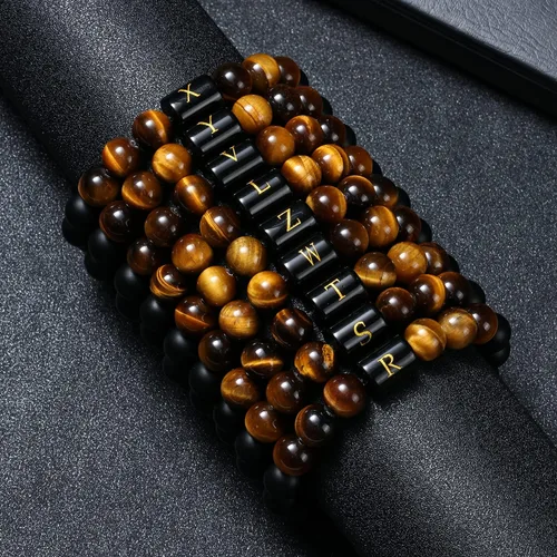 Miniatura 6 de Initial Bracelets for Men Charms Letter Mens Bracelet 10mm Natural Black Matte Agate Tiger Eye Stone Beads Braided Rope Customize Bracelet