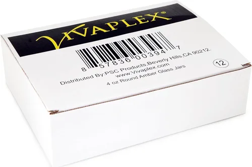 Miniatura 2 de Vivaplex, 12, ámbar, redondo, de 4 oz, tarros de vidrio, con forros interiores y tapas negras.