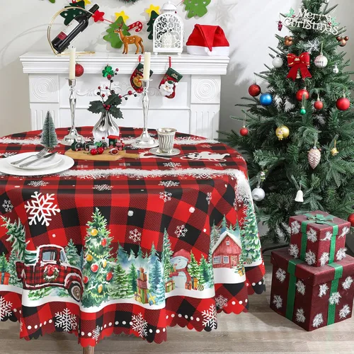Miniatura 9 de Mantel cuadrado de Navidad 52x52 pulgadas - Rojo camión de Navidad, decoración de fiesta para el hogar - Mantel rectangular de Navidad a cuadros