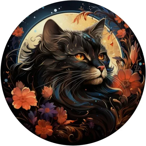 Miniatura 3 de Gato Negro Mirando Luna Llena Flores Celestiales Estrellas Floral PopSockets Estándar PopGrip