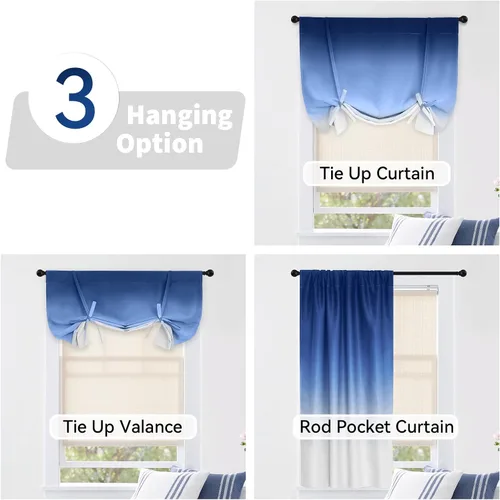 Miniatura 4 de COSVIYA Cortinas 100% Opacas Azul Degradado con Lazos Ajustables para Cocina Aislamiento Térmico Oscurecimiento de Habitación Cenefa con Bolsillo