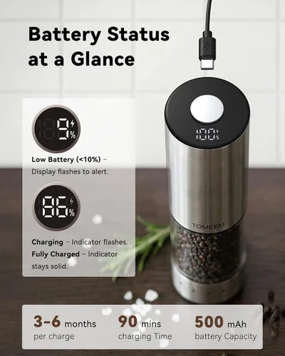 Miniatura 4 de TOMEEM Rechargeable Electric Salt and Pepper Grinder Set, 115ml Large Capacity Stainless Steel Automatic Pepper Mill with Storage Base, LED Display