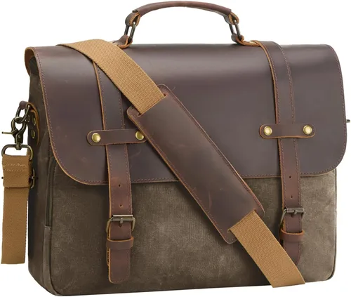 Bolsa de mensajero para hombre, de lona encerada, maletín para laptop de 15.6 pulgadas, estilo vintage, de cuero, impermeable, para la escuela