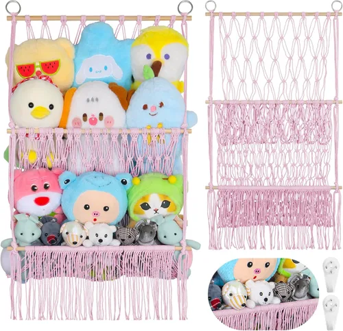 Miniatura 22 de Red de almacenamiento de animales de peluche de 2 niveles, 17 x 32 pulgadas, organizador grande de animales de peluche para pequeños rellenos
