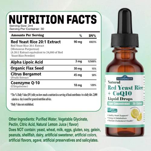 Miniatura 9 de Arroz de levadura roja liposomal con gotas líquidas Coq10, 5 en 1 extra fuerte 1200 mg de colesterol y apoyo cardíaco con ácido alfa lipoico