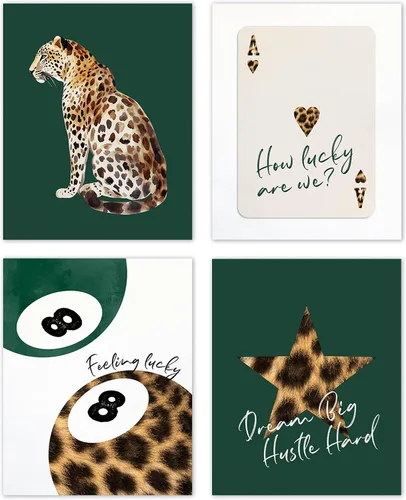 TLESKE Carteles de guepardo y leopardo preppy verde esmeralda Impresiones sin marco 8x10 Juego de 4, decoraciones de pared con bolas de la suerte 8