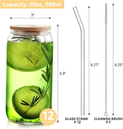 Miniatura 2 de HOMBERKING Vasos de Vidrio con Tapas de Bambú y Pajitas, Juego de 12 Piezas, Vasos de Vidrio en Forma de Lata de 20 oz, Vasos de Cerveza, Taza