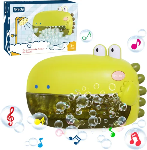 Miniatura 4 de Grechi Juguetes de baño de dinosaurios, juguetes de baño para la bañera del bebé, máquina automática de burbujas para niños, reproduce 12 canciones